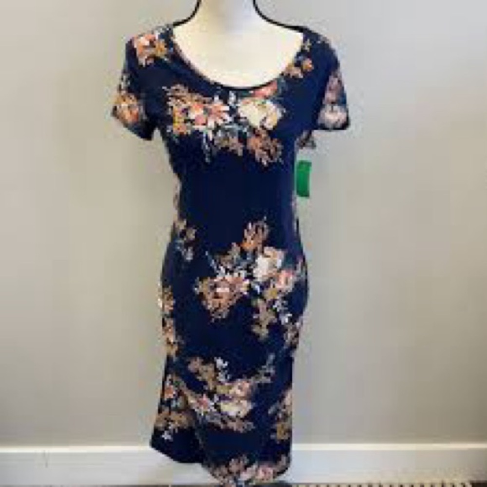 Isabel Maternity Bodycon T-Shirt Dress medium Short Sleeve Ruched Blue Floral